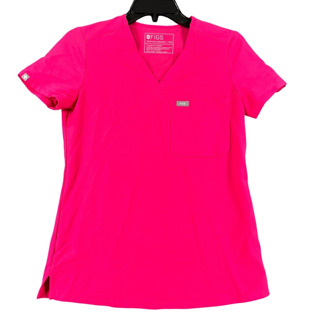 FIGS Catarina Scrub Top Womens XXS Pink V-Neck Chest Pocket Medical